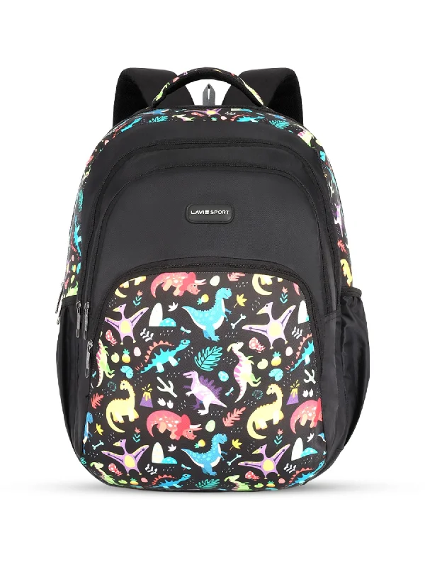 Today's Special Lavie Sport Dino 39L Printed School Unisex Backpack with Rain cover for Boys/Girls Black
