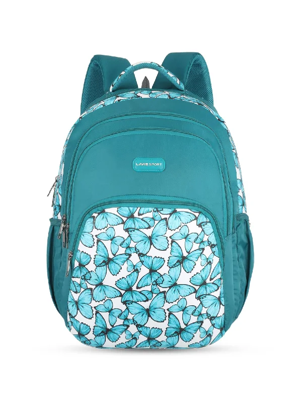 Final Markdown Lavie Sport Blue Fly 39L Printed School Backpack with Rain cover for Girls Teal