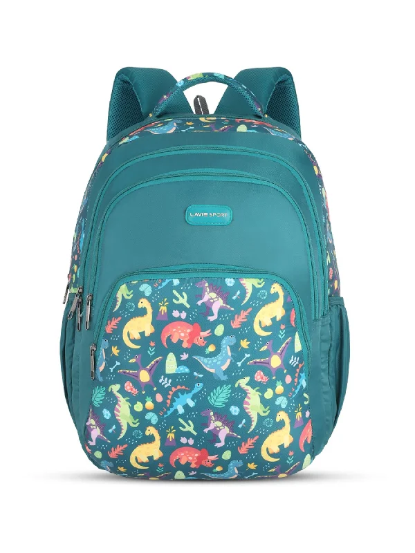 Cash Savings Lavie Sport Dino 39L Printed School Unisex Backpack with Rain cover for Boys/Girls Teal